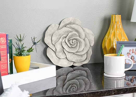 NAT & Jules Rose Flower Shaped Dimensional Indoor Outdoor 12 inch Cast Resin Decorative Garden Stepping Stone, Patio, Walkway Sculpture Yard Art, White-Ruum Studio Home