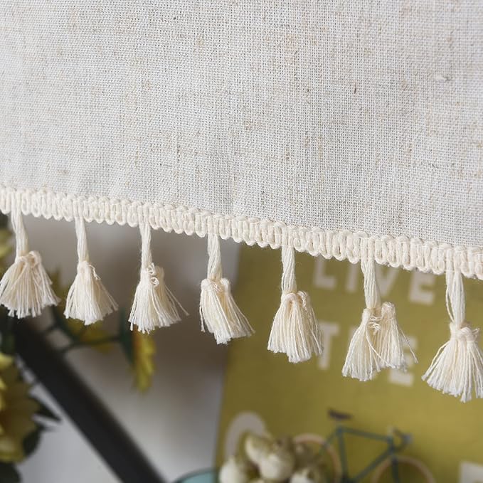 Sutuo Home Boho Sheer Curtain Valance Cotton Linen with Bohemian Handmade Tassels, Short French Farmhouse Window Treatment for Kitchen Cafe, Rod Pocket, 1 Panel 59" W x 18" L, Natural-Ruum Studio Home