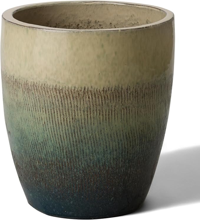 Emissary Bullet 14 in. Bayside Green Ceramic Round Planter (14 in. L x 14 in. W x 15.5 in. H) with Drainage Hole-Ruum Studio Home