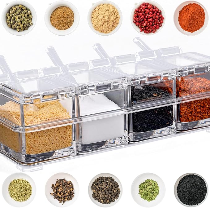 Clear Spice Containers, 4 Pieces Condiment Container with Lids for Salt Sugar, Acrylic Spice Rack Spice Container with Spoon-Ruum Studio Home