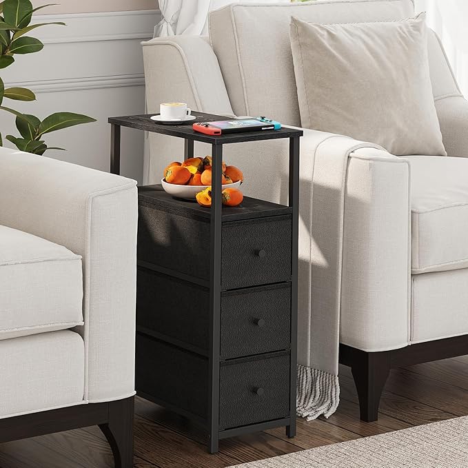 TUTOTAK Narrow Night Stand, Slim End Table, Tall Side Table with 3 Fabric Drawer, Small Bedside Table with Storage, Set of 2, for Living Room, Bedroom, Black TB01BK072-Ruum Studio Home