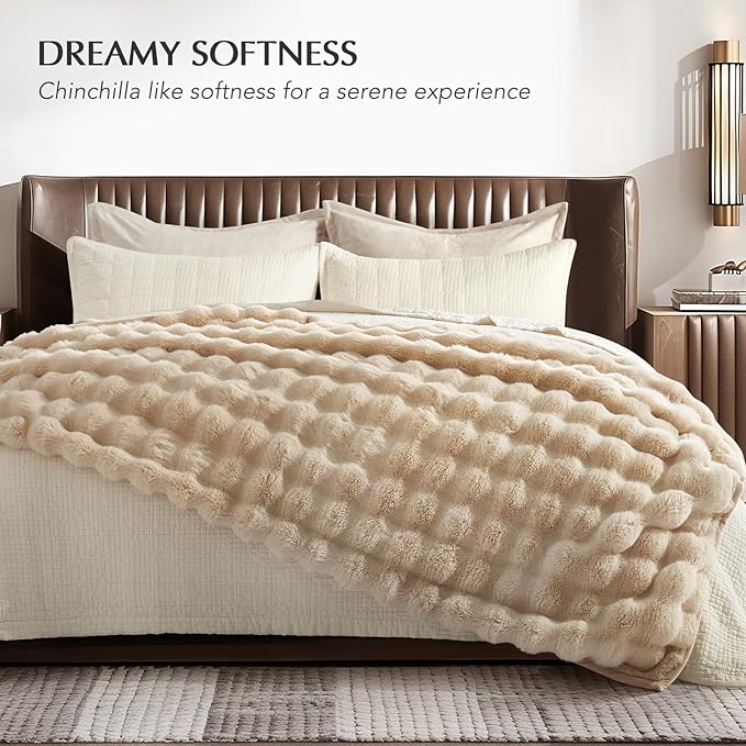 EVERGRACE Ultra Soft Luxury Fluffy Ridgeline Faux Rabbit Fur Throw Blanket, Thick Warm Bubble Throw for Bed, Cozy Plush Reversible Blankets for Couch, Chair, Sofa, Cream, 50x60 Inches, 870 GSM-Ruum Studio Home