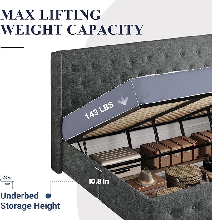 Allewie King Size Lift Up Storage Bed, Button Tufted Headboard with Wingback, Hydraulic Support, No Box Spring Needed, Dark Grey-Ruum Studio Home