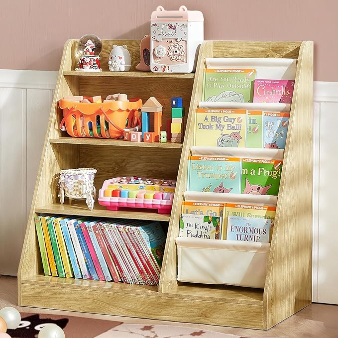 Kids Bookshelf, 4-Tier Kids Wooden Bookshelf with Toy Storage Montessori Toy Shelf, 32”L x 16”D x 32”H Nursery Bookshelves Childrens Bookcase Baby Toddler Book Shelf for Kids Rooms Clearance-Ruum Studio Home