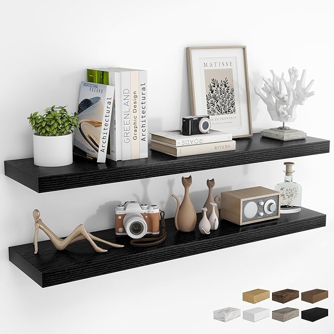 RICHFOCUS 48Inch Floating Shelves for Wall 2 Pack Shelves for Bedroom|Kitchen|Bathroom Wall Mounted Rustic Wood Floating Shelf with Invisible Brackets for Books|Storage|Decor, Black-Ruum Studio Home
