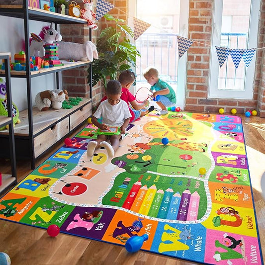 6x9 Playroom Rugs for Kids Washable, Educational and Fun Playmat with ABC Alphabet Animals Shapes Colors, Non-Slip Play Mat Learning Rugs for Baby Toddler Children Game Activity-Ruum Studio Home