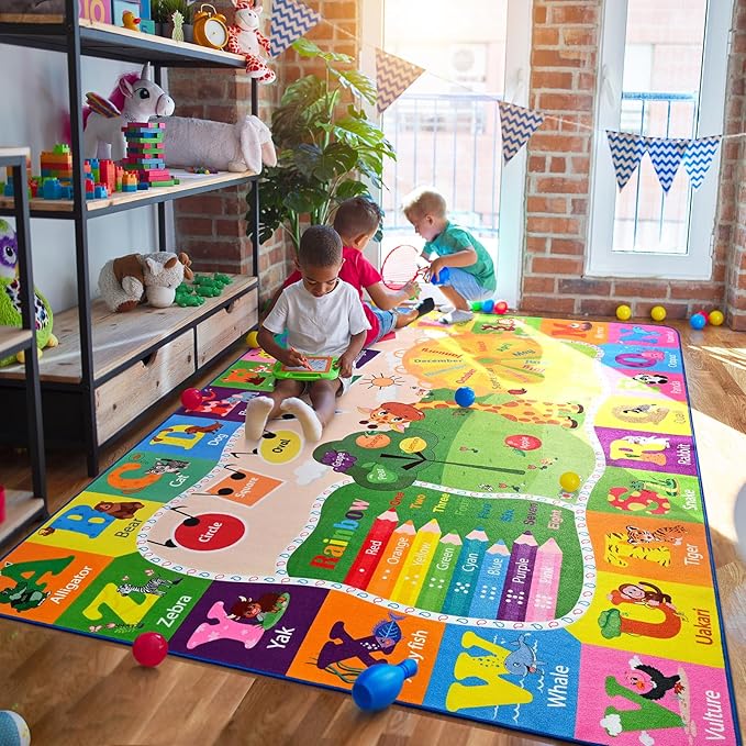 Kids Rugs for Playroom Classroom Bedroom, Educational and Fun Play Mat with ABC Alphabet Animals, Learning Rug for Children Toddler Baby Girls Boys Nursery, Washable, 4x6-Ruum Studio Home