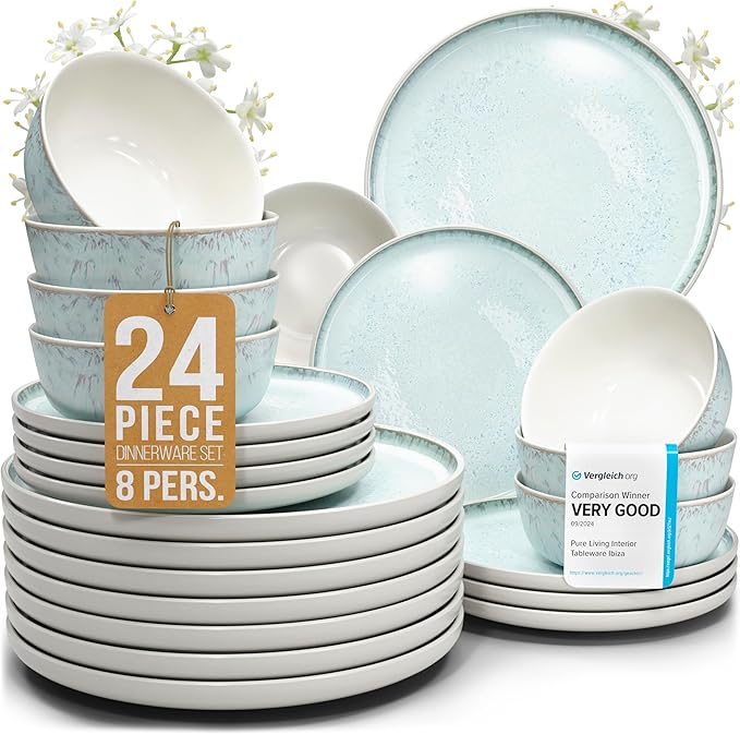 24 Piece Dinnerware Sets for 8 - Modern Style Stoneware Dinnerware Set - Microwave Safe Dinner Plates and Bowls Sets for 8, Ceramic Dish Set, Bowl and Plate Sets for 8, Beige Light Blue Set for 8…-Ruum Studio Home