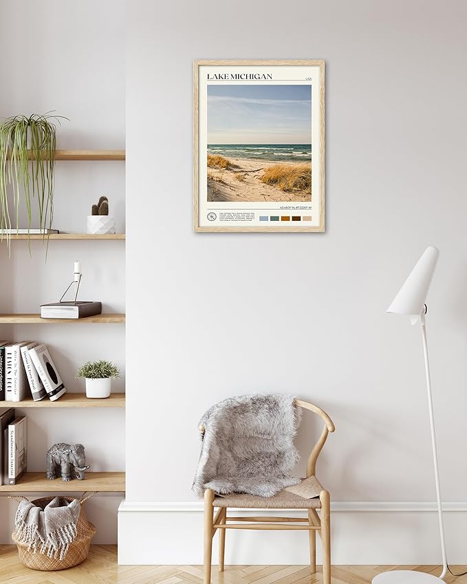 HesenDot Natural OAK Wood Lake Michigan Framed Wall Art,12x16in Natural Scenery Canvas Wall Print,Classic Urban City Landmark Wall Decor for Living Room,Bedroom,Office Gallery Gifts Set of 1-Ruum Studio Home