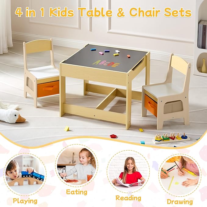 Kids Table and Chair Set, 3 in 1 Wooden Activity Table with Detachable Tabletop, Toddler Table and Chair Set with Storage Drawer, Kids Play Table for Children Art, Craft, Eating, Learning-Ruum Studio Home