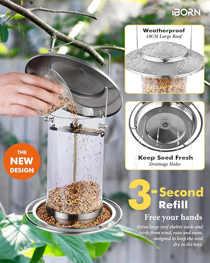 iBorn Metal Bird Feeders for Outdoors,Easy Clean Bird Seed Feeder,Hanging Bird Feeder for Seeds with Gift Box,3-Second Refill Bird Feeder,Nickle 6 Port (Seed is not Included)-Ruum Studio Home