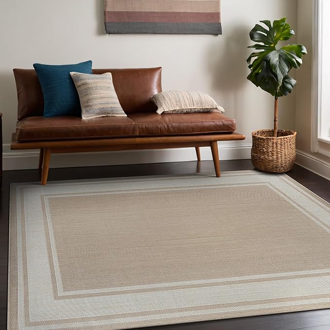 Beverly Rug Large Outdoor Rug 10x14 Modern Bordered Area Rugs for Indoor and Outdoor Patio Deck Porch Garden Waterproof Weather Sun Resistant Washable Outside Carpet (10 x 14 Beige)-Ruum Studio Home