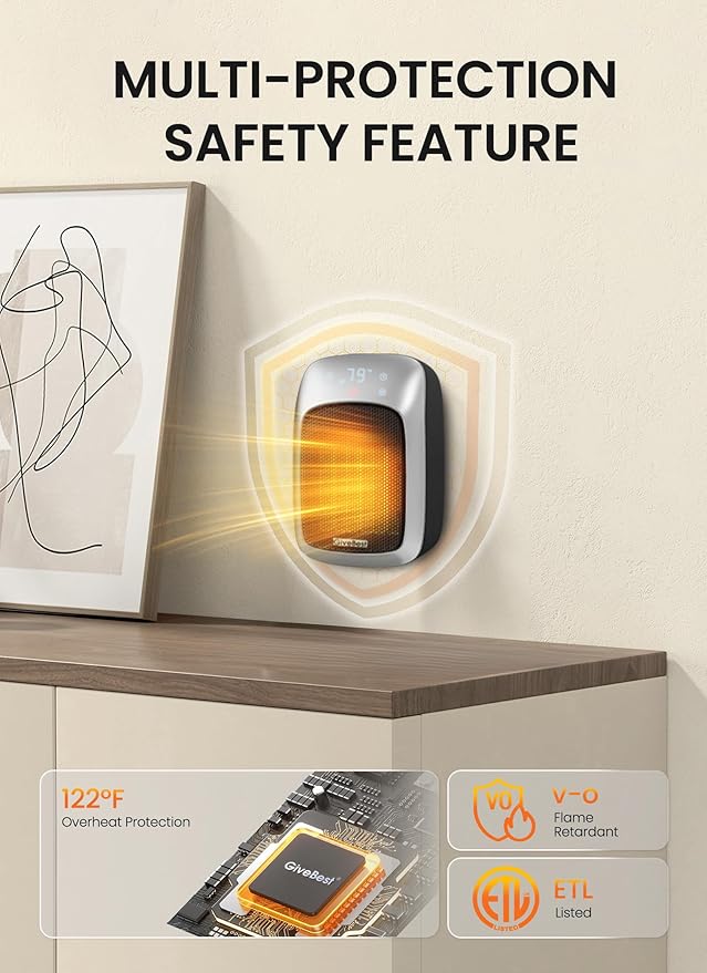 GiveBest 800W Plug-in Wall Space Heater With Remote, Small Outlet Heater With Adjustable Thermostat, 12H Timer, LED Display for RV, Home Office, Bathroom Indoor Use-Ruum Studio Home