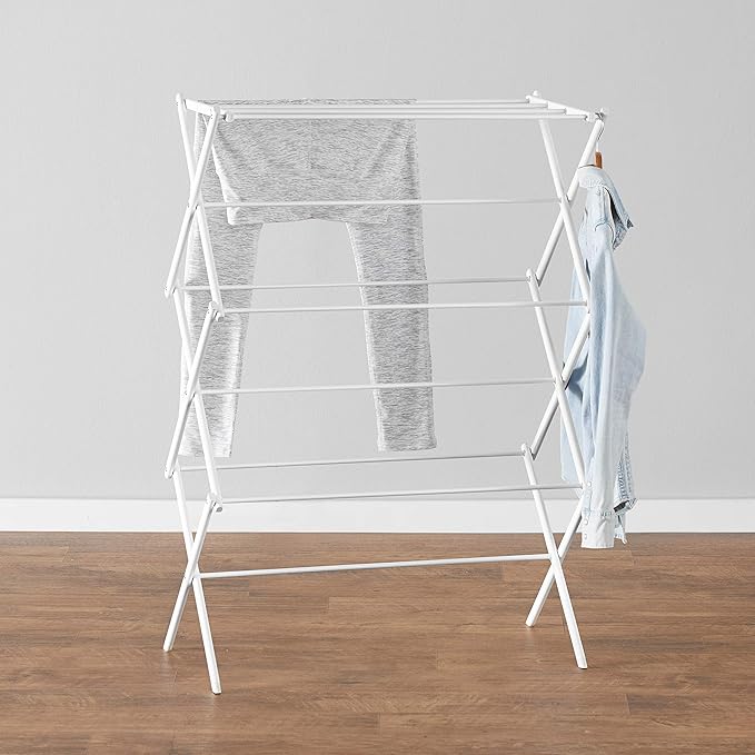 Amazon Basics Foldable Portable Laundry Rack for Air Drying Clothing, Indoor Outdoor Use - 14.5" D x 29.5" W x 41.8" H, White-Ruum Studio Home