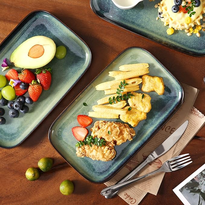 vancasso Stern Serving Platters Set of 4, 11 Inches Rectangular Ceramic Serving Plates, Green Serving Trays for Entertaining-Ruum Studio Home