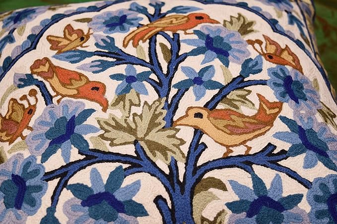 Blue Tree of Life Pillow Cover Blues Birds Floral Decorative Pillowcase Flower Outdoor Suzani Cushion Needlepoint Hand Embroidered Wool Size - 18x18-Ruum Studio Home