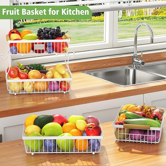 2 Tier Fruit Basket for Kitchen Counter with 2 Banana Hangers, Countertop Metal Fruit Bowl with Wooden Handle, Large Storage Stand for Vegetables, Snacks, Breads, Produce Storage – White-Ruum Studio Home
