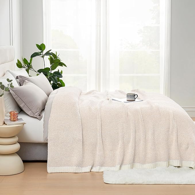 Snuggle Sac Queen Size Oversized Super Soft Bed Blanket - Warm & Cozy Knit Fuzzy Microfiber Blankets in Heather Ivory, 90 x 90-Ruum Studio Home