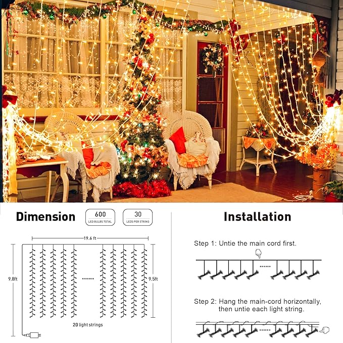 JMEXSUSS 600 LED Christmas Curtain Lights Outdoor, 9.5x19.6ft Christmas String Light Plug in with Remote, 8 Modes Wall Hanging Lights for Bedroom Party Backdrop Wedding Xmas Decor, Warm White-Ruum Studio Home