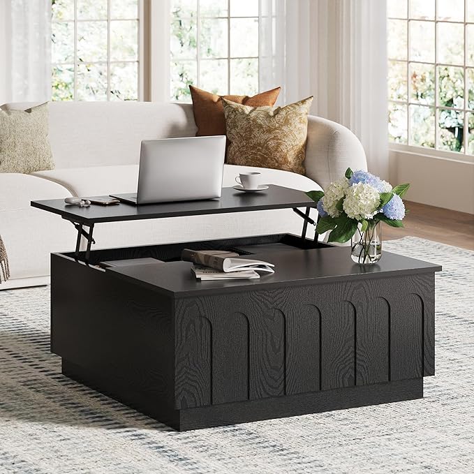 Lift Top Coffee Table with Storage, Modern Coffee Table with Arched Design, 31.5" Square Tea Table with Wood Grain, Minimalist Multifunctional Center Table for Living Room, Office, Black-Ruum Studio Home