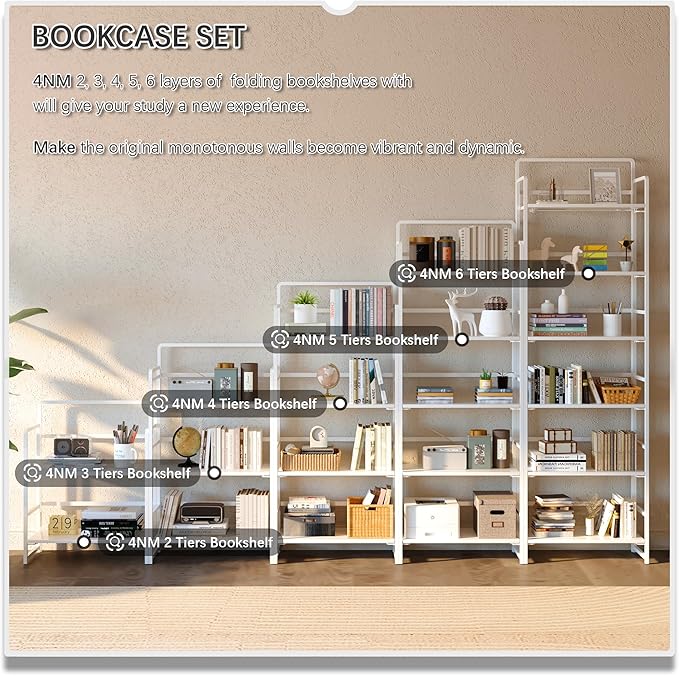 4NM 2 Tiers No-Assembly Folding Bookshelf with Wheels, Portable Rolling Storage Bookcase & Compact Side Table for Living Room, Bedroom, Kitchen, Bathroom (All White)-Ruum Studio Home