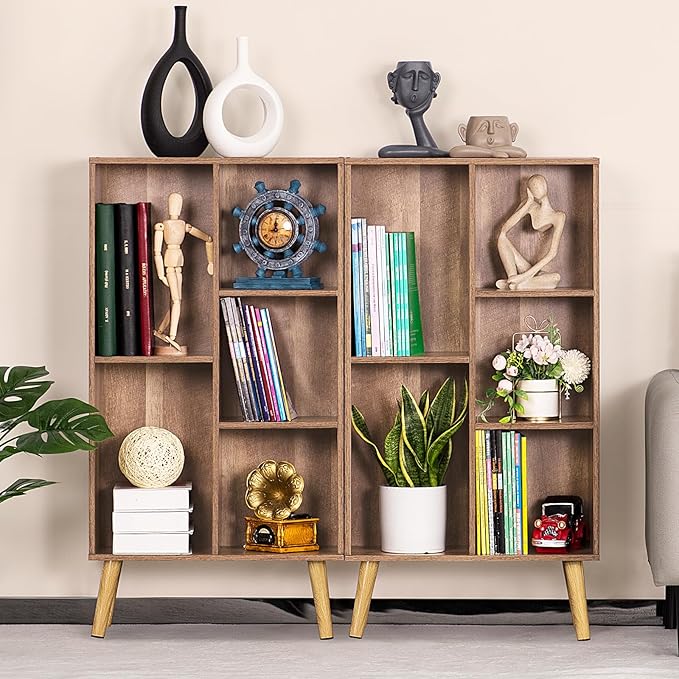 5 Cube Small Bookshelf,3 Tier Mid-Century Modern Bookcase with Legs,Wood Kids Bookshelves Storage Organizer Shelf,Free Standing Narrow Book Shelves,Oak Grey Corner Bookcases for Bedroom,Living Room-Ruum Studio Home