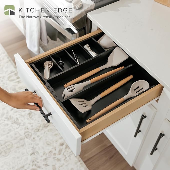 Adjustable Kitchen Drawer Organizer for Utensils and Junk, Food-Safe Contract Grade with 100% Sustainable Wood, Expandable from 10.5 to 19 Inches Wide - Black Bamboo-Ruum Studio Home