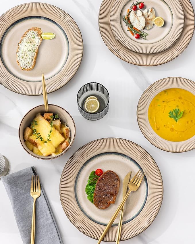 GBHOME Ceramic Dinnerware Sets, 18 Piece Embossed Elegant Stoneware Plates and Bowls Sets, Housewarming Wedding Gift | Dishwasher & Microwave Safe | Dishes Set Service for 8-Ruum Studio Home