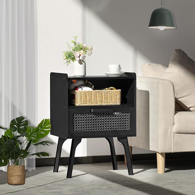 Lerliuo Rattan Nightstand, Side Table with Drawer Open Shelf, Cane Accent Bedside End Table with Solid Wood Legs, Mid Century Modern Night Stand for Bedroom, Dorm and Small Spaces (Black)-Ruum Studio Home
