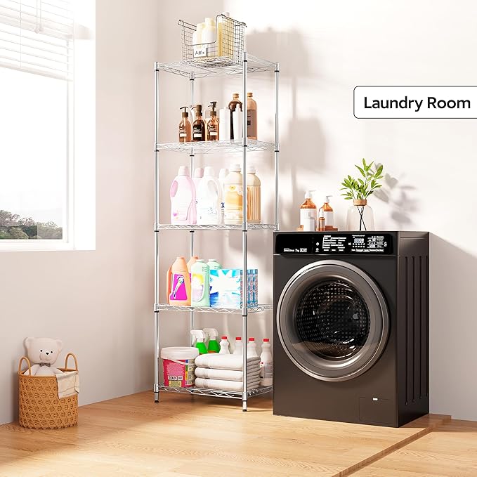 5 Tiers Shelf Metal Storage Shelves Wire Rack Closet Organizers with Wheel for Garage Kitchen Bathroom Laundry Chrome 11.8" D x 17.7" W x 55" H-Ruum Studio Home