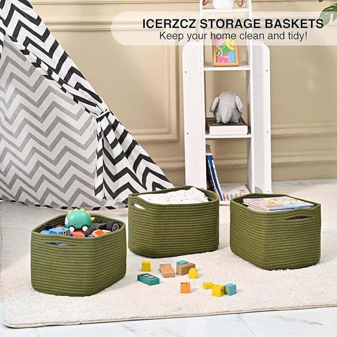 Storage Basket for Shelves, Small Baskets for Organizing, Woven Cotton Rope Baskets for Storage, Book Basket, Decorative Shelf Basket, 12.5"Lx9.1''Wx7.9''H (4 Packs) Green-Ruum Studio Home