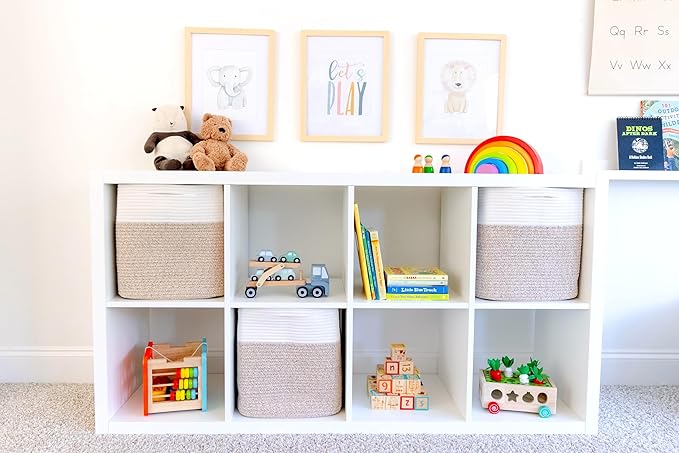 NaturalCozy 13 Inch Cube Storage Bins Cotton Rope Woven Baskets for Organizing 3-Pack | 13 x 13 Storage Cubes | Fabric Square Storage Baskets for Shelves Organizer, Kids Toy Bins, Closet Baby Nursery-Ruum Studio Home