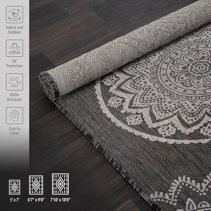 CAMILSON Outdoor Rug 5x7 Modern Area Rugs for Indoor and Outdoor Patios and Porches - Waterproof Washable Non-Shedding Easy-to-Clean Outside Carpet (5 x 7, Medallion - Dark Grey/Light Grey)-Ruum Studio Home