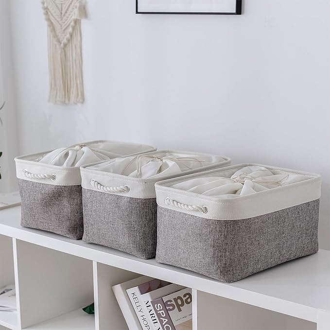 TheWarmHome Storage Baskets for Organizing, X Large - 3 Pack 17.7L×13.8W×9.8H in Foldable Storage Bins for Shelves, Fabric Storage Box for Closet Nursery Toy Gift (White & Grey)-Ruum Studio Home