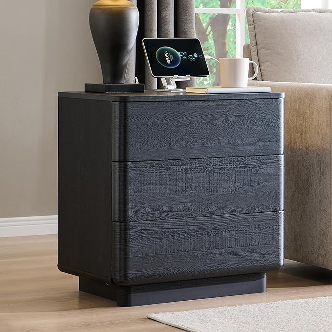 JXQTLINGMU 22" Modern Nightstand Set of 2 with Charging Station, Large Push-to-Open End Table, Wood Bedside Table, Curved Profile, Handleless 3 Drawer Night Stand for Bedroom, Living Room, Black-Ruum Studio Home