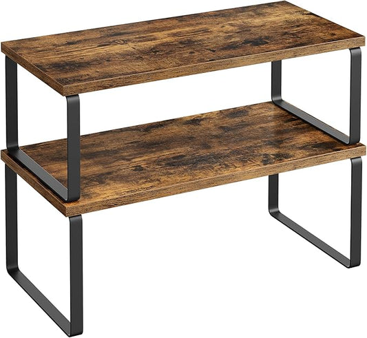 SONGMICS Cabinet Organizer Shelf, Set of 2 Kitchen Counter Shelves, Kitchen Storage, Spice Rack, Stackable, Expandable, Metal and Engineered Wood, Ink Black and Rustic Brown UKCS200X01-Ruum Studio Home
