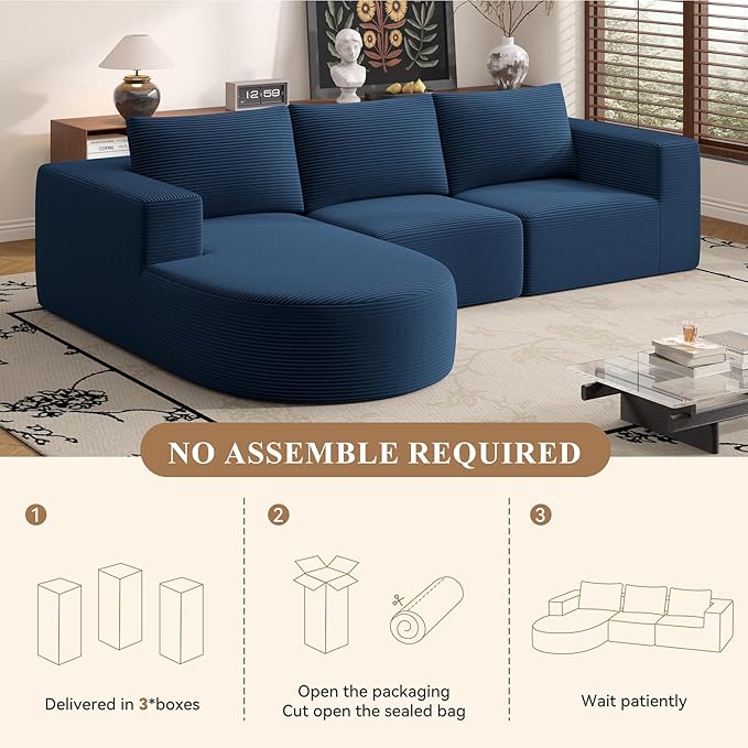 Modular Sectional Sofa with L-Shape Chaise,Cloud Sectional Modern Sleeper Couch with Deep Seat,Sponge Compression Sofas No Assembly Required (Blue-Corduroy Fabric) 1PCS-Ruum Studio Home