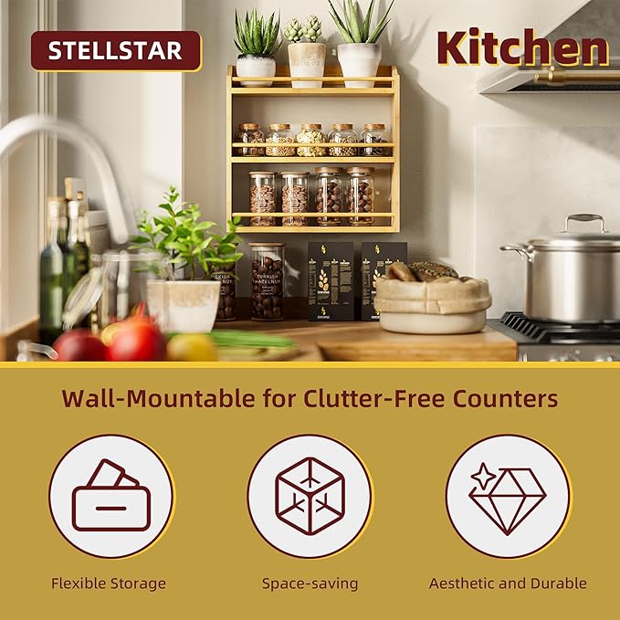 Spice Rack Wall Mounted, Spice Organizer for Counter, Bamboo Spice Storage Holder for Kitchen Cabinet, Pantry (Spice Jars Not Included, Natural)-Ruum Studio Home