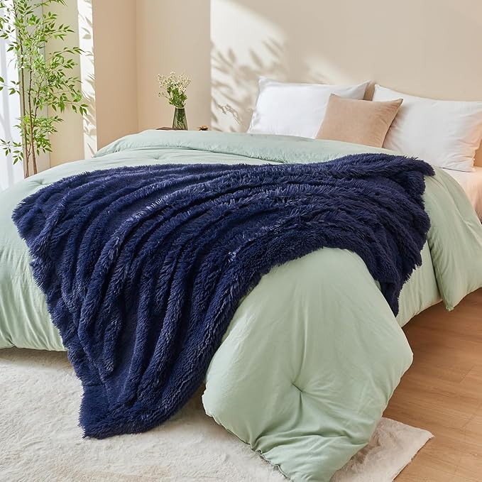 GONAAP Fuzzy Faux Fur Throw Blanket Dark Navy Super Soft Cozy Plush Fuzzy Shaggy Blanket for Couch Sofa Bed (Dark Navy, Throw(50"x60"))-Ruum Studio Home