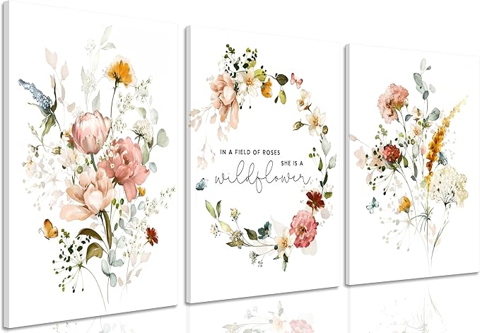 3Pcs Framed Watercolor Flowers Canvas Wall Art In A Field Of Roses She Is A Wildflower Painting Picture Wall Decor Pink wreath Poster Print Artwork for Nursery living room Girls Room Home Decoration-Ruum Studio Home