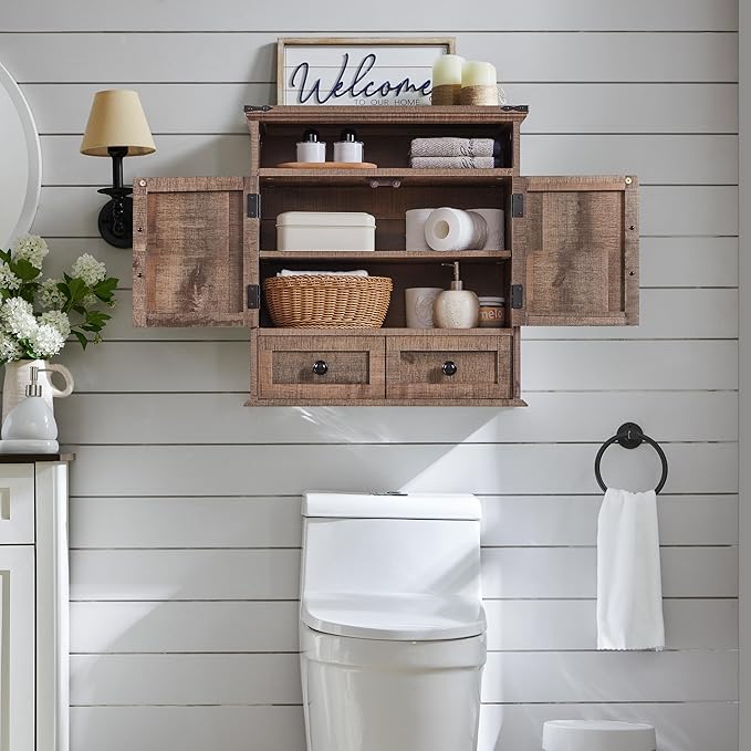 Bathroom Wall Cabinet, Farmhouse 24" Wide Medicine Cabinet with Drawer, Adjustable Shelf, Double Barn Doors, Storage Cabinets for Bathroom, Kitchen, Living Room, Rustic Brown-Ruum Studio Home