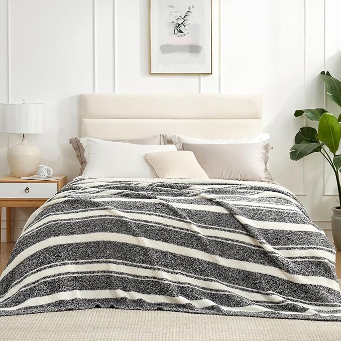 Snuggle Sac Queen Size Bed Blanket Stripe Black, Super Soft Warm Bedding Blankets Cozy Knit Fuzzy Plush Blankets for Bed, Living Room, Stripe Black, Queen 90"x90"-Ruum Studio Home
