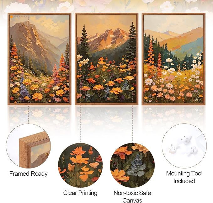 Aurlan Boho Mountain Sunset Landscape Framed Wall Art(16"x24"), 3PCS Large Wildflowers Meadow Canvas Artwork, Colorful Abstract Watercolor Nature Forest Scenery Decor for Home Office Bedroom-Ruum Studio Home