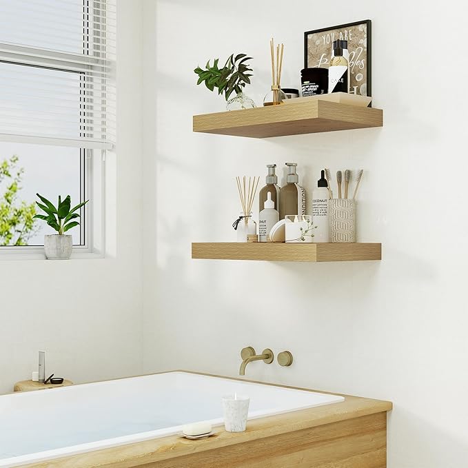 Heimlove Bathroom 12'' Deep Floating Shelves for Wall - Shelf Over Toilet Wall Mounted Farmhouse 24 inches,Rustic Wood Wall Shelves Decor & Storage Set of 1 Oak-Ruum Studio Home