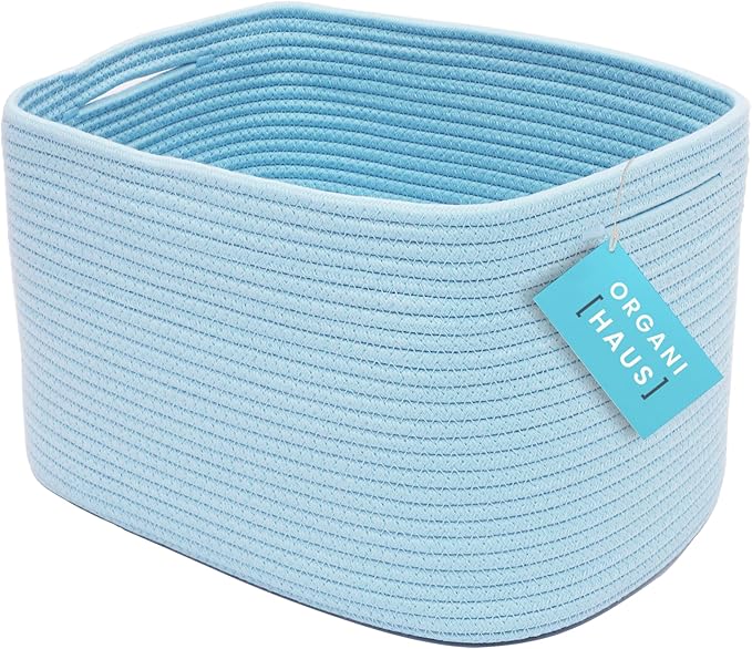 OrganiHaus Woven Storage Baskets for Organizing, Cotton Rope Organizer Bins for Shelves, Closet & Nursery, Dog Toy Basket, Decorative Bins for Toys, Towels & Books - 15x10x9, Blue-Ruum Studio Home