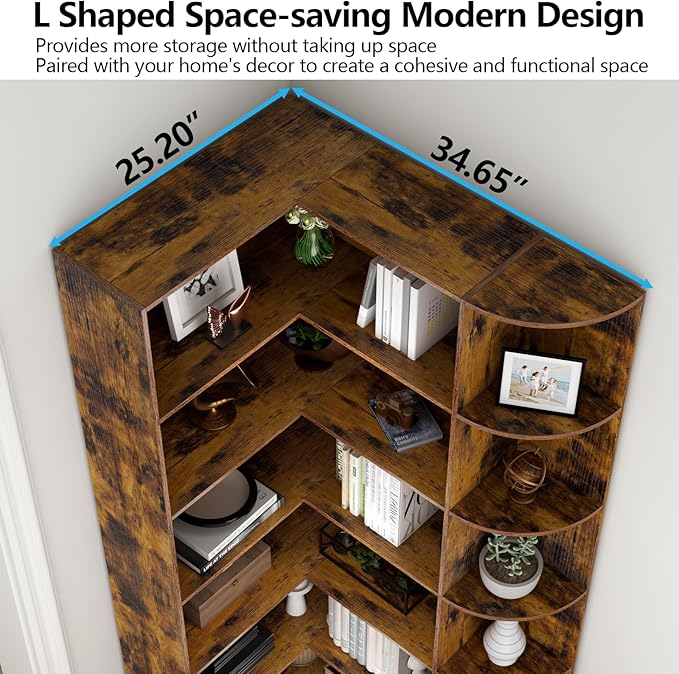 Loomie Bookshelves, 6 Tiers Shelf Large Tall Corner Etagere Bookcase with Full Baffle, L-Shaped Modern Storage Display Industrial Book Shelf for Bedroom, Home Office, Living Room & Kitchen, Rustic-Ruum Studio Home