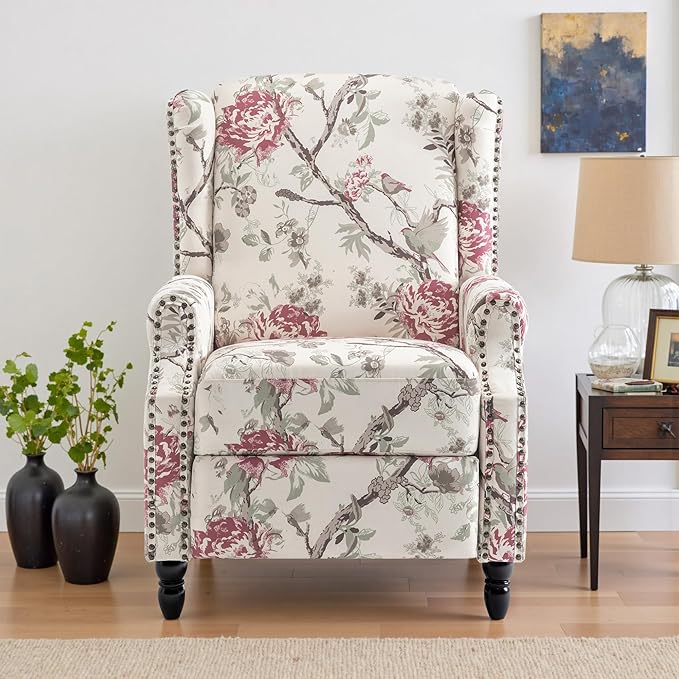 UIXE Pushback Recliner Chair, Fabric Upholstered Armchair Push Back Accent Chair for Living Room, Rivet Trim Home Theater Single Sofa Bedroom Reading Seat with Footrest - Beige Floral-Ruum Studio Home