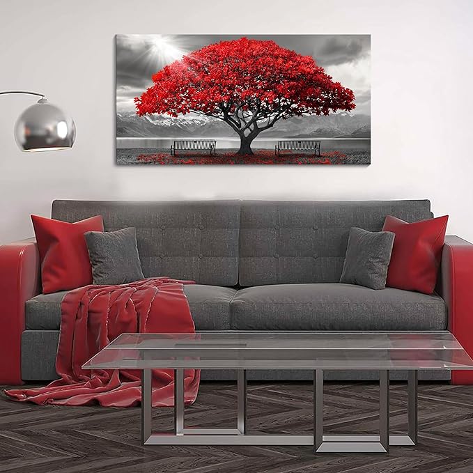 AJAZIKO Red Wall Art - Modern Framed Wall Art for Living Room - Red Tree Black and White Landscape Canvas Prints Posters & Prints for Home Office Bedroom Decorations - Large Wall Pictures 20×40IN-Ruum Studio Home