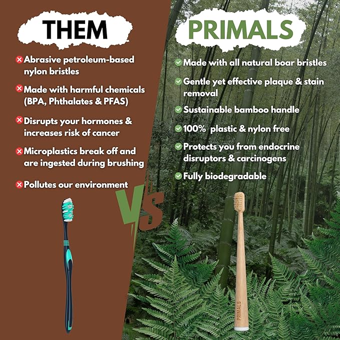 PRIMALS Boar Bristle & Bamboo Toothbrush (4-Pack) - Premium Boar Bristles - Fully Biodegradable - Plastic & Nylon Free - Quick Dry Design-Ruum Studio Home