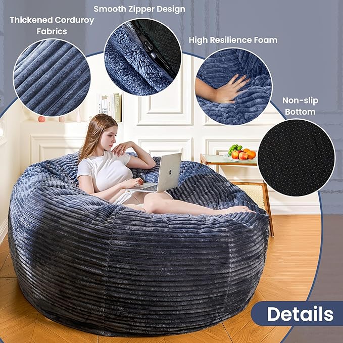 Large Bean Bag Chair, 6FT Giant Beanbag Chairs with Memory Foam Filled, Bean Bag Chairs for Adults, Ultra Soft Lazy Sofa for Living Room Bedroom (Grey)-Ruum Studio Home
